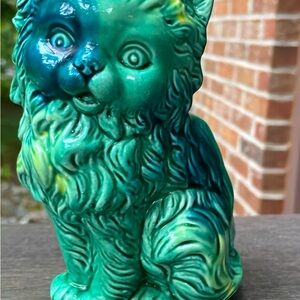 ❤️ Rare 1950’s Vintage green blue glazed ceramic cat sculpture figurine